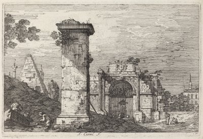 Landskap med ruinerade monument av Canaletto