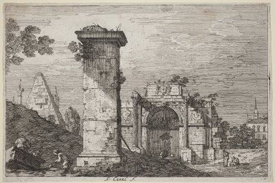 Landskap med monumentruiner av Canaletto