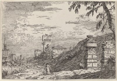 Landskap med torn och två förstörda pelare, ca. 17351746. av Canaletto