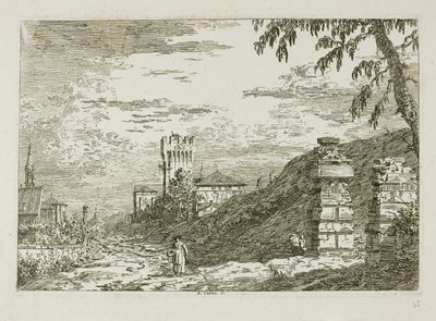 Landskap med torn och två förstörda pelare, från Vedute av Canaletto