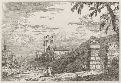 Landskap med torn och två förstörda pelare [vänster], ca. 17351746. av Canaletto