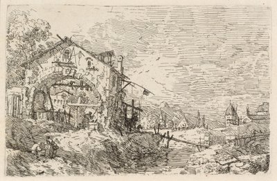 Landskap med en kvinna vid en brunn, ca. 1740. av Canaletto