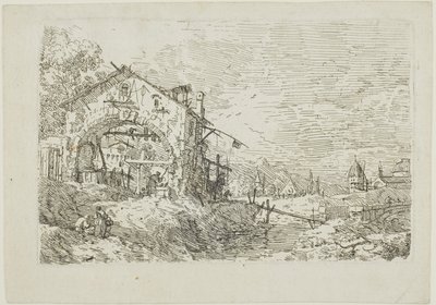 Landskap med en kvinna vid en brunn, från Vedute av Canaletto