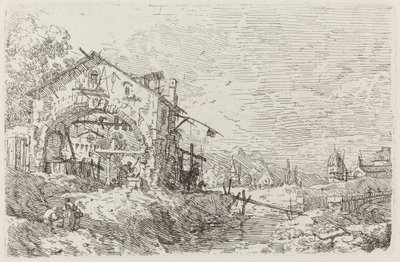 Landskap med en kvinna vid en brunn [nedre till vänster], ca. 17351746. av Canaletto