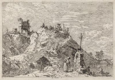 Landskap med pilgrimen vid bönen, ca. 17351746. av Canaletto