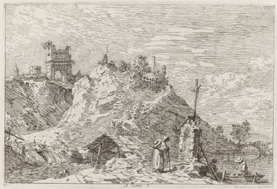 Landskap med pilgrimen vid bönen [övre till vänster], ca. 17351746. av Canaletto