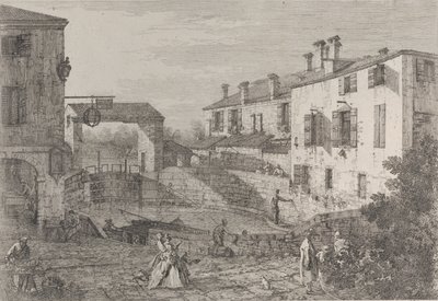 Le porte del Dolo: den ovala bassängen för slussarna vid Dolo, med en pråm förtöjd vid kajen..., 1735-46. av Canaletto