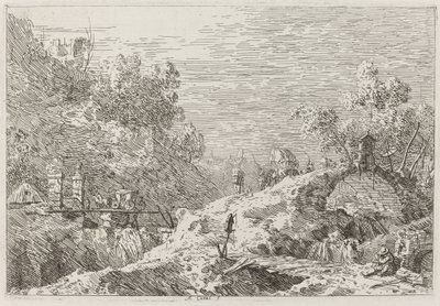 5つの橋のある山の風景[右下]、c。 17351746. スウェーデン語 av Canaletto