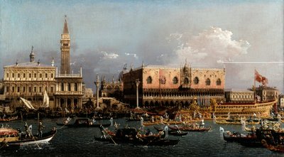 The Bucintoro at the Molo on Ascension Day av Canaletto