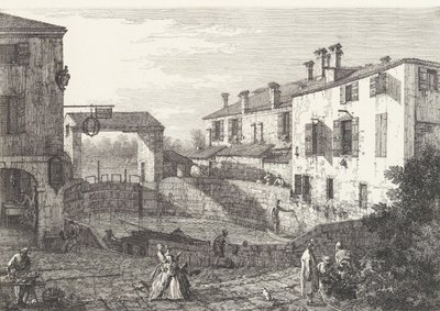 The Locks at Dolo, en oval-formad bassäng med båtar i mitten, byggnader på båda sidor,..., 1735-46. av Canaletto