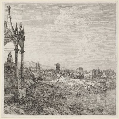 Utsikt över en stad med en biskopsgrav, ca. 1740. av Canaletto