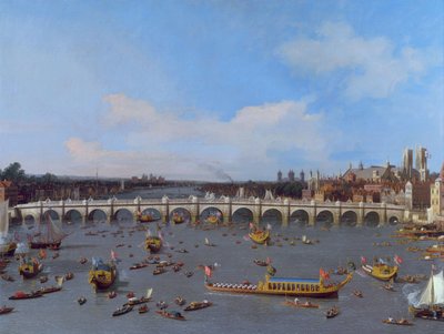 Westminster Bridge, med borgmästarens procession på Themsen av Canaletto