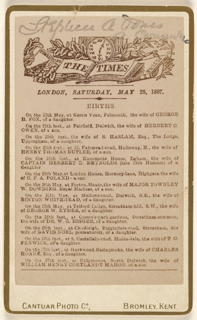 [Födelseannonssida från "The Times", London, lördagen den 28 maj 1887] av Cantuar Photographic Company
