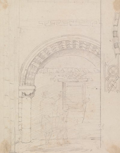 Skiss av figurer som står under en stenbåge av Capt. Thomas Hastings