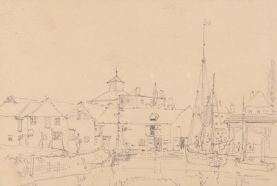 Skiss över segelbåtar förtöjda i anslutning till en by av Capt. Thomas Hastings