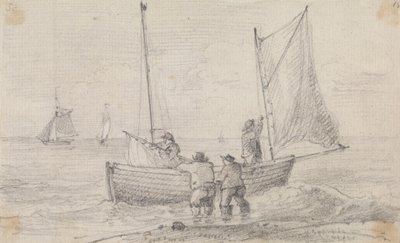 Skiss av en grupp som förbereder seglen nära stranden, Hastings av Capt. Thomas Hastings
