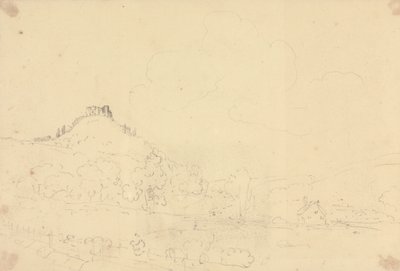 Skiss av ett slott på kulle med hus nedan av Capt. Thomas Hastings