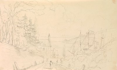 Skiss av en väg som går ner till stranden med dockade fartyg av Capt. Thomas Hastings