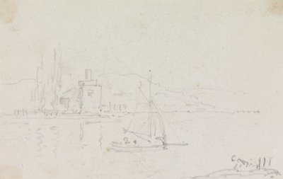 Skiss av en segelbåt och en byggnad på stranden av Capt. Thomas Hastings