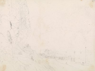 Skiss av en kustby nära en klippa av Capt. Thomas Hastings