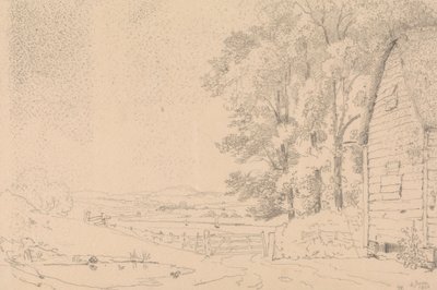 Skiss av en byggnad med halmtak och en flod bortom av Capt. Thomas Hastings