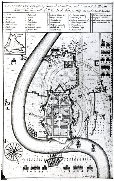 Londonderry Belägrad av general Hamilton och Conrad de Rosen, graverad av J. Sturt, 1689 av Captain Archibald Maculloch