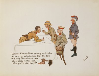 Försvarsbefälhavare som bevisar att de två 6,3-tums Howlitzers är absolut nödvändiga i hans särskilda sektion, från The Leaguer of Ladysmith, 1900 av Captain Clive Dixon