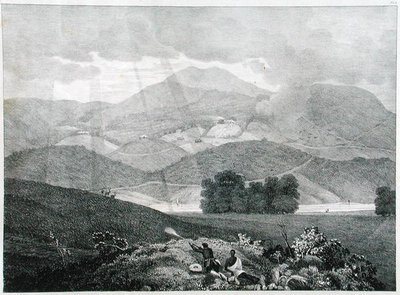 Utsikt över en del av sjön och stugorna vid Ottacamund, Neelgherry Mountains, skylt 3 från View of the Neilgherries, eller Blue Mountains of Coimbetoor, Southern India av kapten McCurdy, publicerad 1830 (li av Captain E. A. after McCurdy