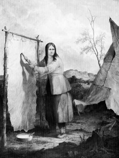 Indisk kvinna som klär ett rådjurskinn, 1868. av Captain Seth Eastman