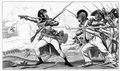 Frivilliga i sabot vid slaget vid Valmy den 20 september 1792, illustration från "Histoires de la Revolution Francoise" av Louis Blanc, graverad av S. Krakow. av Caran d Ache