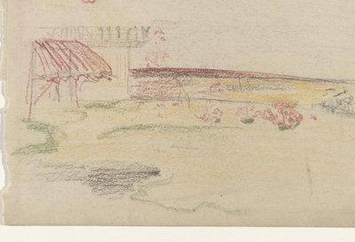 Trädgård bakom ett hus med markis av Carel Adolph Lion Cachet