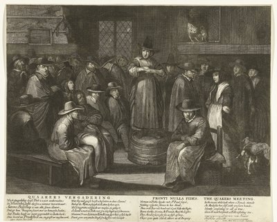 Tecknad film om de engelska kväkarna, ca 1656 Quaaker Meeting / Fronti Nulla Fides / The Quakers Meeting (titel på objekt) av Carel Allard