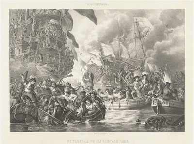 Resan till Chatham och erövringen av Royal Charles, 1667 Erövringen vid Chattam. 1666 (titel på objekt) av Carel Christiaan Antony Last
