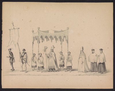 Masquerade of the Utrecht Students, 1846 (Plåt 10) Skildring av den kostymklädda processionen, föreställande Filip II, Prins av Spaniens procession i Utrecht, 3 oktober 1549, hållen 17 juni 1846 av H.H. Studenter av Utrechtsche av Carel Christiaan Antony Last