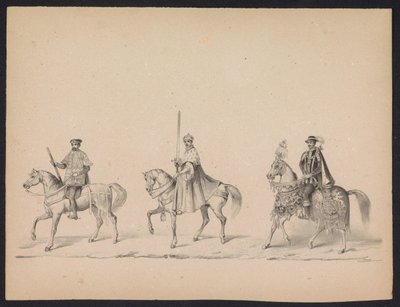 Utrecht-studenternas maskerad, 1846 (skylt 14) Skildring av den kostymklädda processionen, föreställande Filip II, Prins av Spaniens procession i Utrecht, 3 oktober 1549, hållen 17 juni 1846 av H.H. Studenter av Utrechtsche av Carel Christiaan Antony Last