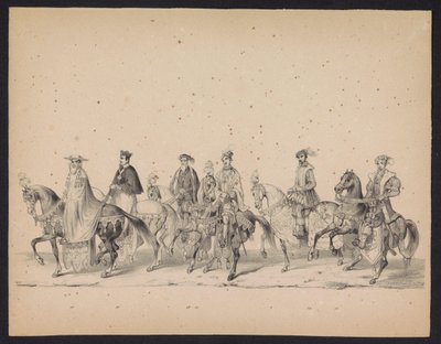 Utrecht-studenternas maskerad, 1846 (Plåt 16) Skildring av den kostymklädda processionen, föreställande Filip II, Prins av Spaniens procession i Utrecht, 3 oktober 1549, hållen 17 juni 1846 av H.H. Studenter av Utrechtsche av Carel Christiaan Antony Last
