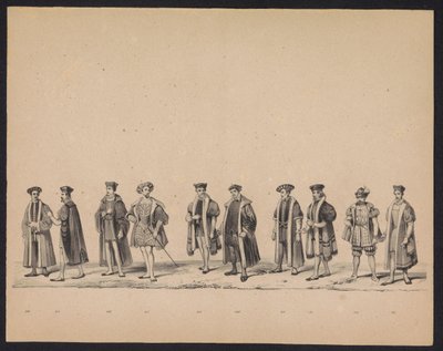 Masquerade of the Utrecht Students, 1846 (skylt 19) Skildring av den kostymklädda processionen, föreställande Filip II, Prins av Spaniens procession i Utrecht, 3 oktober 1549, hållen 17 juni 1846 av H.H. Studenter vid Utrechtsche av Carel Christiaan Antony Last