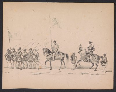 Masquerade of the Utrecht Students, 1846 (Plåt 2) Skildring av den kostymklädda processionen, föreställande Filip II, Prins av Spaniens procession i Utrecht, 3 oktober 1549, hållen 17 juni 1846 av H.H. Studenter av Utrechtsche av Carel Christiaan Antony Last