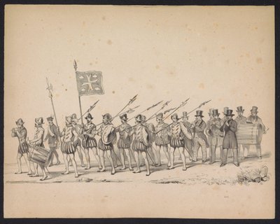 Utrechtstudenternas maskerad, 1846 (Plåt 22) Skildring av den kostymklädda processionen, föreställande Filip II, Prins av Spaniens procession i Utrecht, 3 oktober 1549, hållen 17 juni 1846 av H.H. Studenter vid Utrechtsche av Carel Christiaan Antony Last