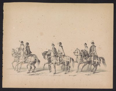 Masquerade of the Utrecht Students, 1846 (skylt 5) Skildring av den kostymklädda processionen, föreställande Filip II, Prins av Spaniens procession i Utrecht, 3 oktober 1549, hållen 17 juni 1846 av H.H. Studenter av Utrechtsche av Carel Christiaan Antony Last