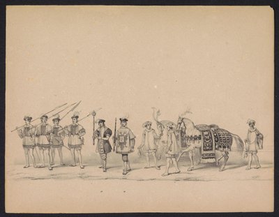 Utrechtstudenternas maskerad, 1846 (Plåt 7) Skildring av den kostymklädda processionen, föreställande Filip II, Prins av Spaniens procession i Utrecht, 3 oktober 1549, hållen 17 juni 1846 av H.H. Studenter vid Utrechtsche av Carel Christiaan Antony Last