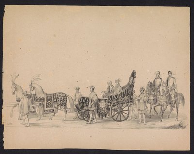 Utrecht-studenternas maskerad, 1846 (skylt 8) Bild av den kostymklädda processionen, som representerar Filip II, prins av Spaniens intåg i Utrecht, den 3 oktober 1549, hölls den 17 juni 1846 av H.H. Studenter vid Utrechtsche av Carel Christiaan Antony Last