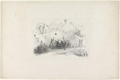 Tecknad film från Leiden studentalmanacka, 1849 Io Vivat (titel på objekt) av Carel Christiaan Antony Last
