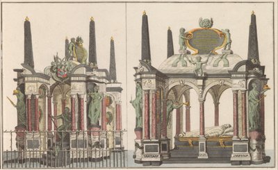 Praalgraf van Willem van Oranje i Delft, ca. 1790 The Superb Mausoleum of the Royal Family in the Great Church in Delft / Detsamma taget från norra sidan (titel på objekt) av Carel Frederik Bendorp (I) (possibly)