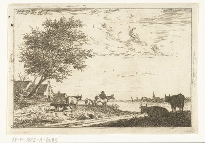 Flodlandskap med bonde och kor på gården Landskap (serietitel) av Carel Frederik Bendorp (I)