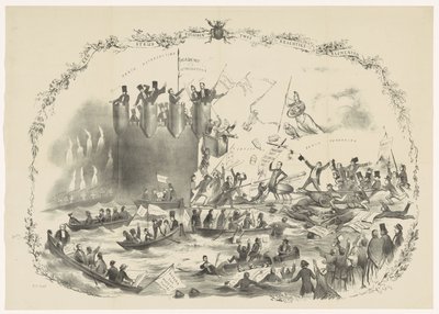 Tecknad serie som skildrar Thorbeckes planer på att avskaffa Utrecht University of Applied Sciences, 1863 En kamp mellan två kraftfulla element (titel på objekt) av Carel Hendrik Thiebout