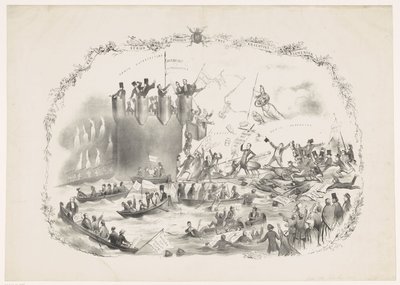 Tecknad serie som skildrar Thorbeckes planer på att avskaffa Utrecht University of Applied Sciences, 1863 En kamp mellan två kraftfulla element (titel på objekt) av Carel Hendrik Thiebout