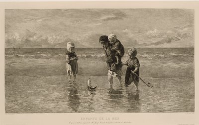 Fyra barn leker med en leksaksbåt på stranden i grunt havsvatten Havets barn Enfants de la mer (titel på objekt) av Carel Lodewijk Dake