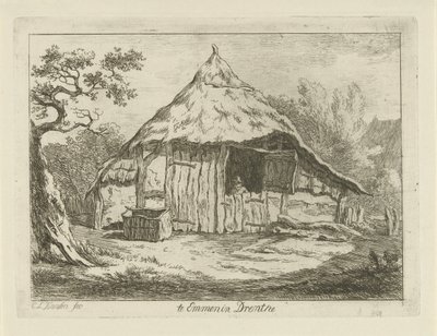 Bondgård med öppen övre dörr Te Emmen i Drenthe (titel på objekt) Landskap (1-6) (serietitel) av Carel Lodewijk Hansen