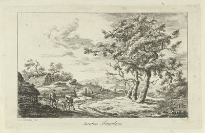 Jägare med en hund på ett spår Buyten Haarlem (titel på objekt) Landskap (a-f) (serietitel) av Carel Lodewijk Hansen